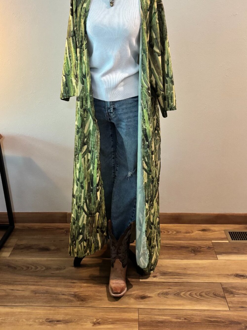 Lucky & Blessed Green Cactus Print Longline Duster, Size XL
